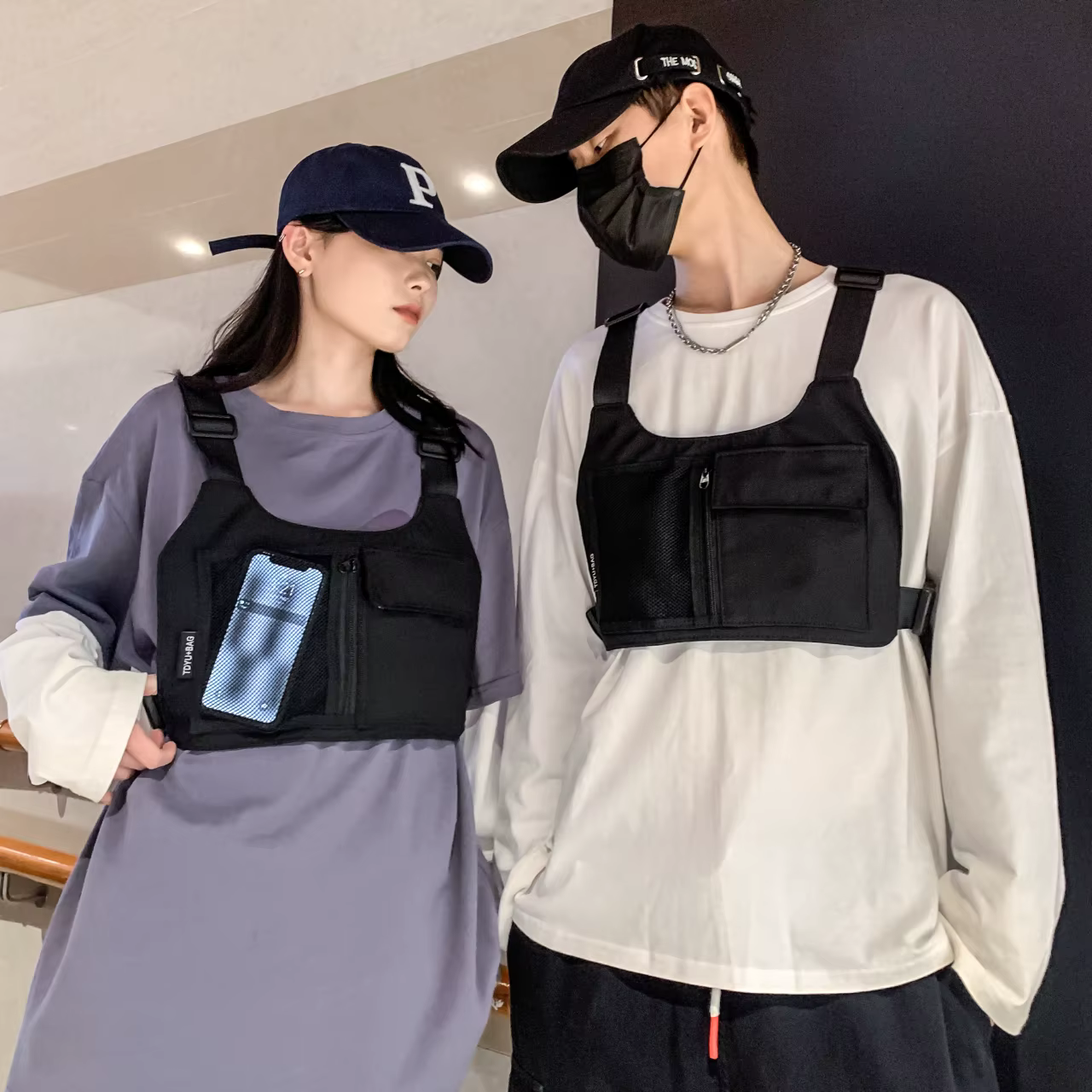 Sac de poitrine unisexe en nylon noir, sac à dos tactique pour sports de plein air, sac banane streetwear hip-hop