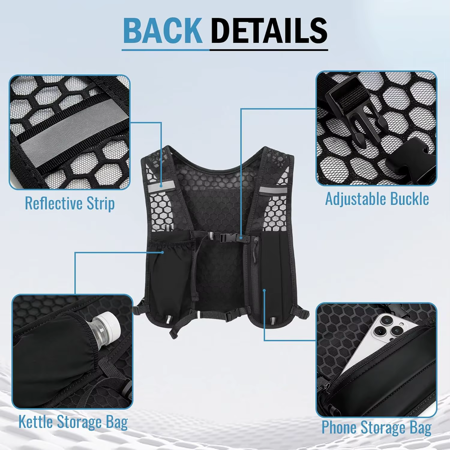 Gilet de course à pied avec bouteille d'eau, léger, respirant, poches de rangement extra-larges, sacs d'hydratation pour femmes et hommes