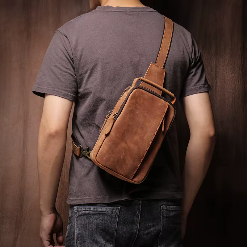 Sac de poitrine en cuir véritable pour homme