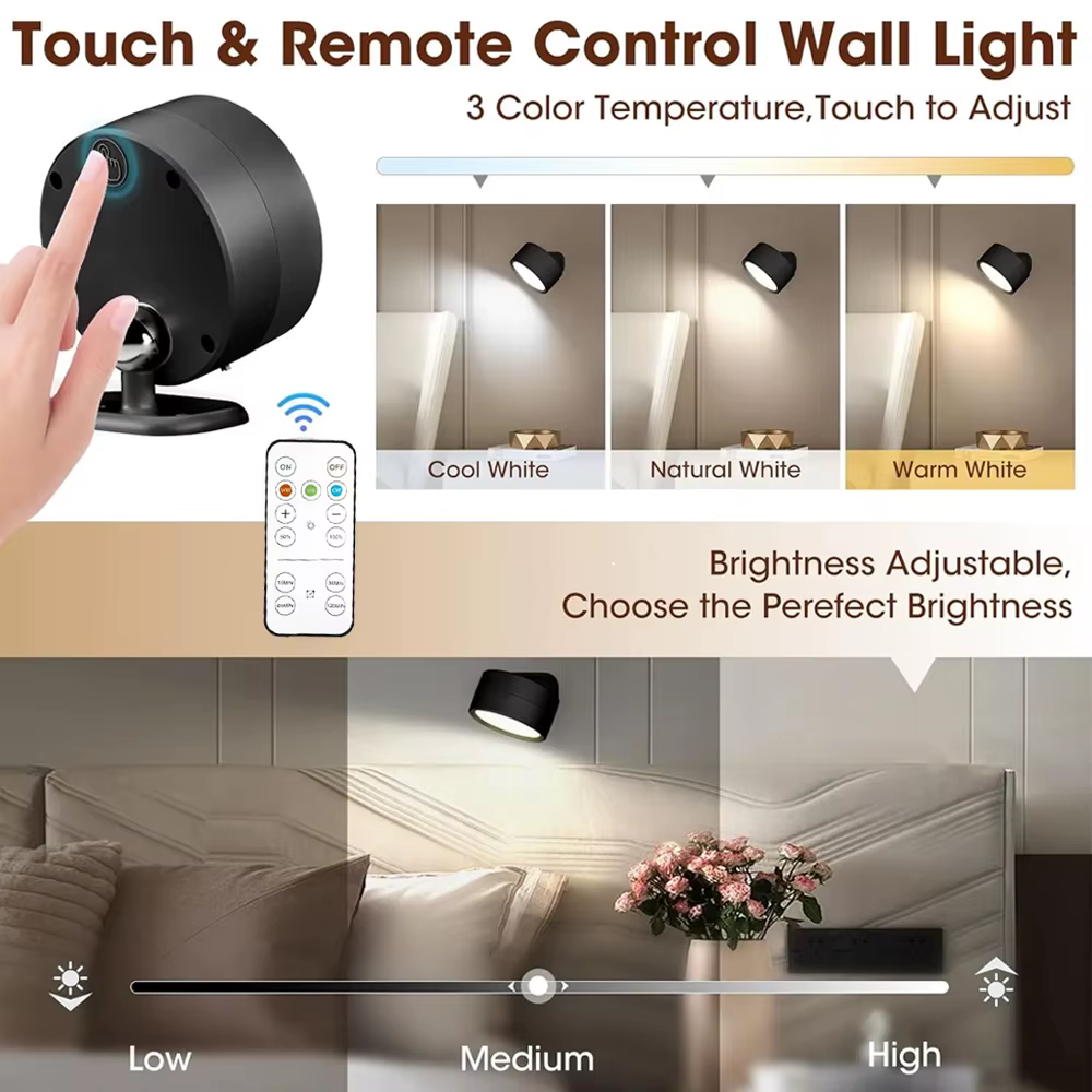 Appliques murales magnétiques sans fil à LED avec télécommande, 3 documents, intensité variable, aste par USB, chambre, lampe de chevet