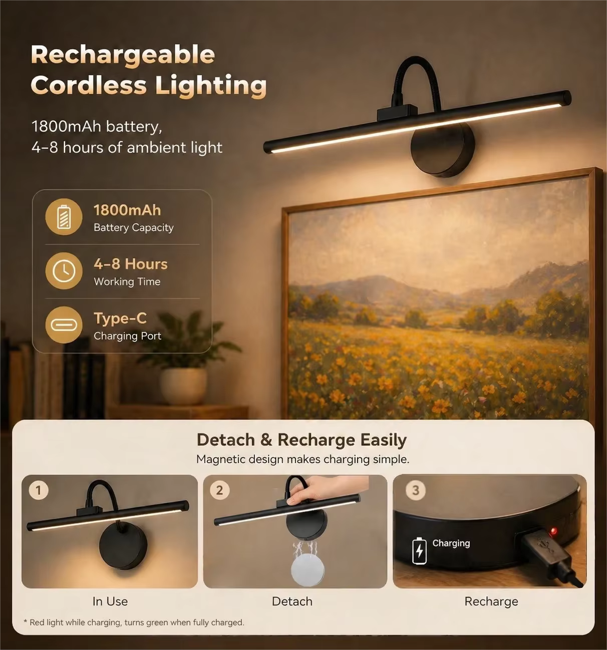 Lampe à LED sans fil pour tableau avec télécommande, 360° °   Lampe murale magnétique réglable, rechargeable par USB, éclairage à 3 couleurs réglables