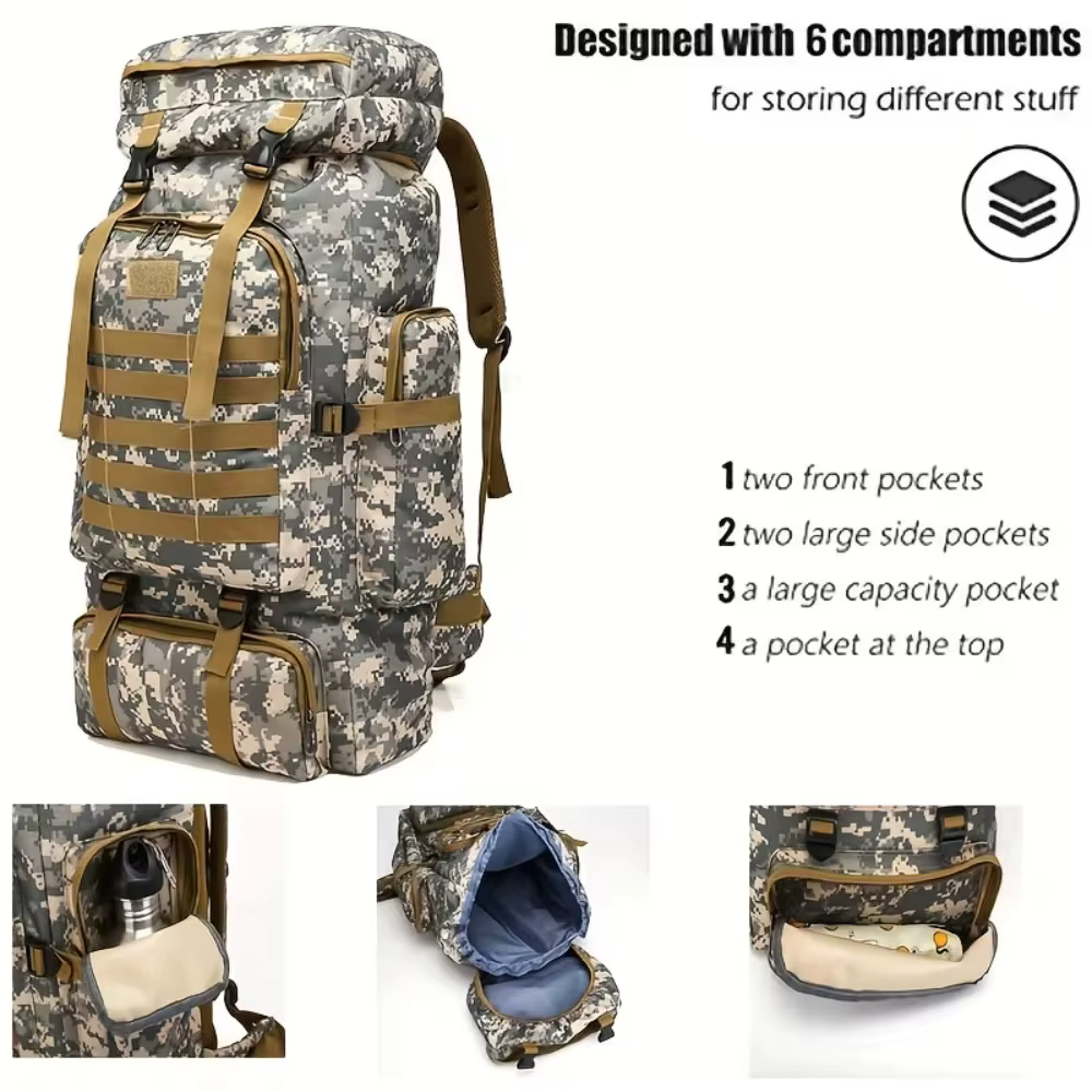 Sac de montagne 75L, sac à dos tactique imperméable camouflage léger