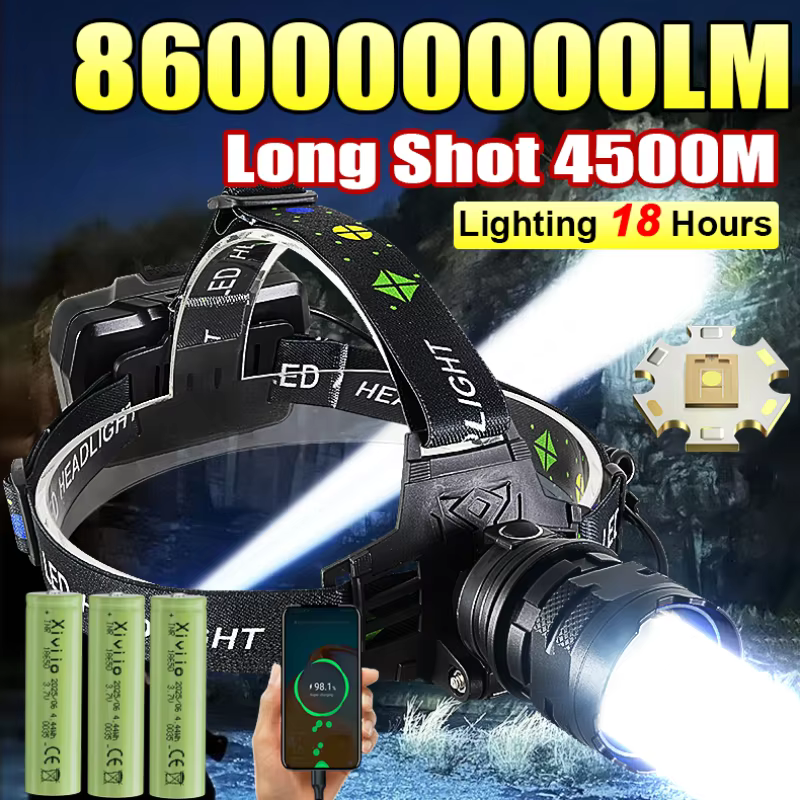 860000000LM lampe frontale LED Ultra puissante Super lumineuse longue portée 4500M