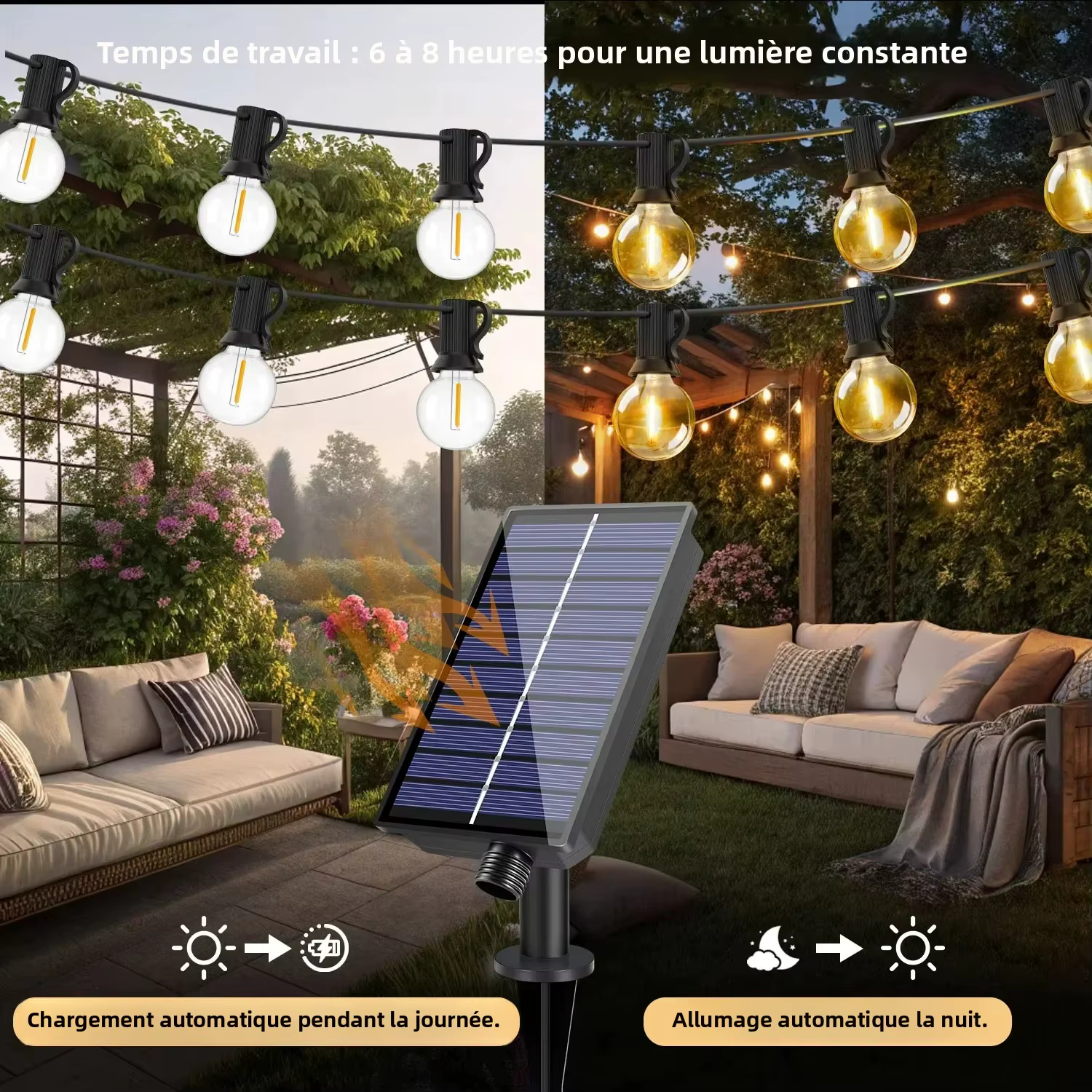 Guirlande solaire incassable pour l'extérieur, prise G40 E12, 1200mAh, étanche, éclairage d'extérieur, éclairage solaire pour la décoration