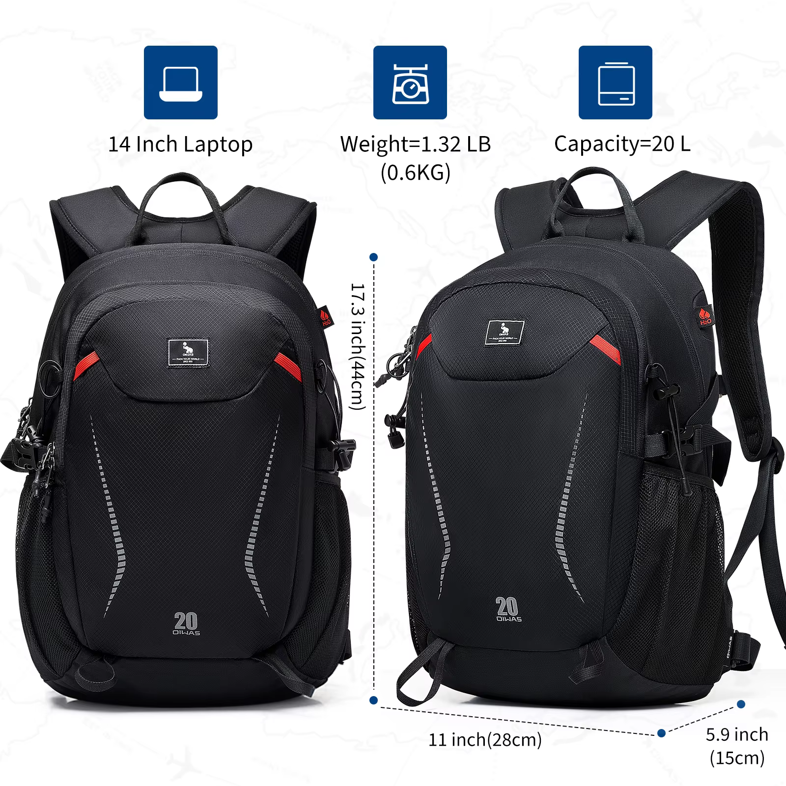Sac à dos d'extérieur OIWAS 20L léger, imperméable, résistant à l'usure, adapté aux hommes et aux femmes pour les voyages sportifs