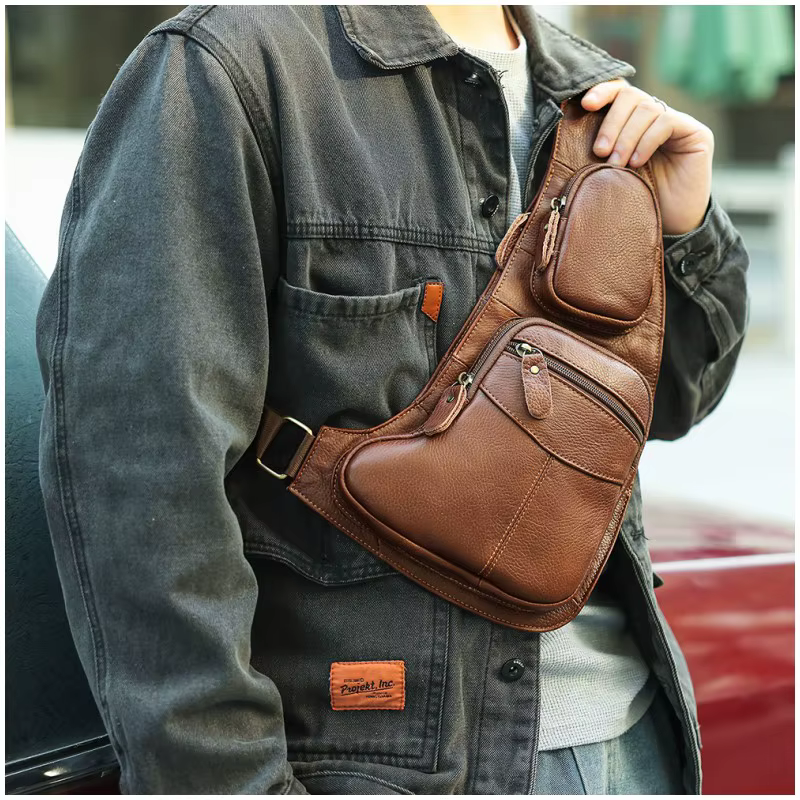 Hommes en cuir véritable fronde bandoulière haute qualité sac de poitrine multi-poches décontracté mâle peau de vache sac à bandoulière sac à dos sac à dos