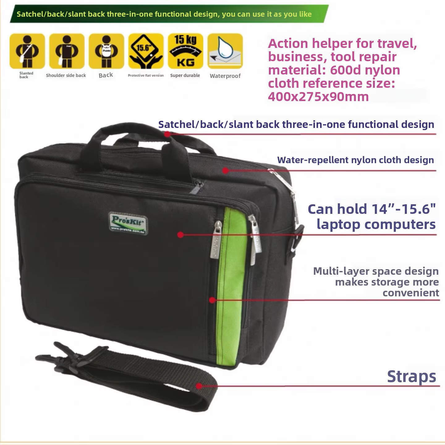 Sac à bandoulière multifonctionnel Pro'skit ST4029 pour ordinateur portable et réseau