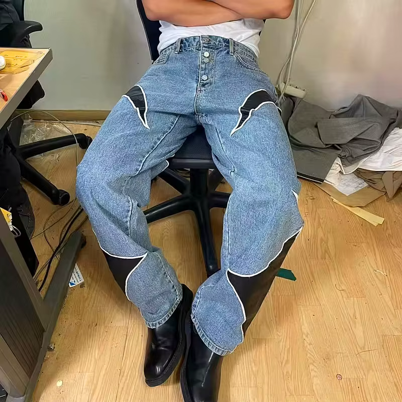 Jean baggy empilé en cuir PU brodé Y2K Kanye 2026 pour homme, vêtements streetwear, pantalon en denim pour femme, pantalon homme