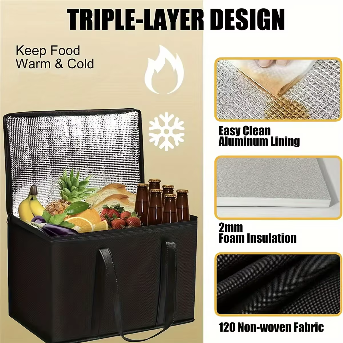 XL/grand sac isotherme : garder les aliments chauds et froids pour les heures – fourre-tout d'épicerie, sac isotherme souple, chauffe-pizza, fermeture éclair légère et robuste