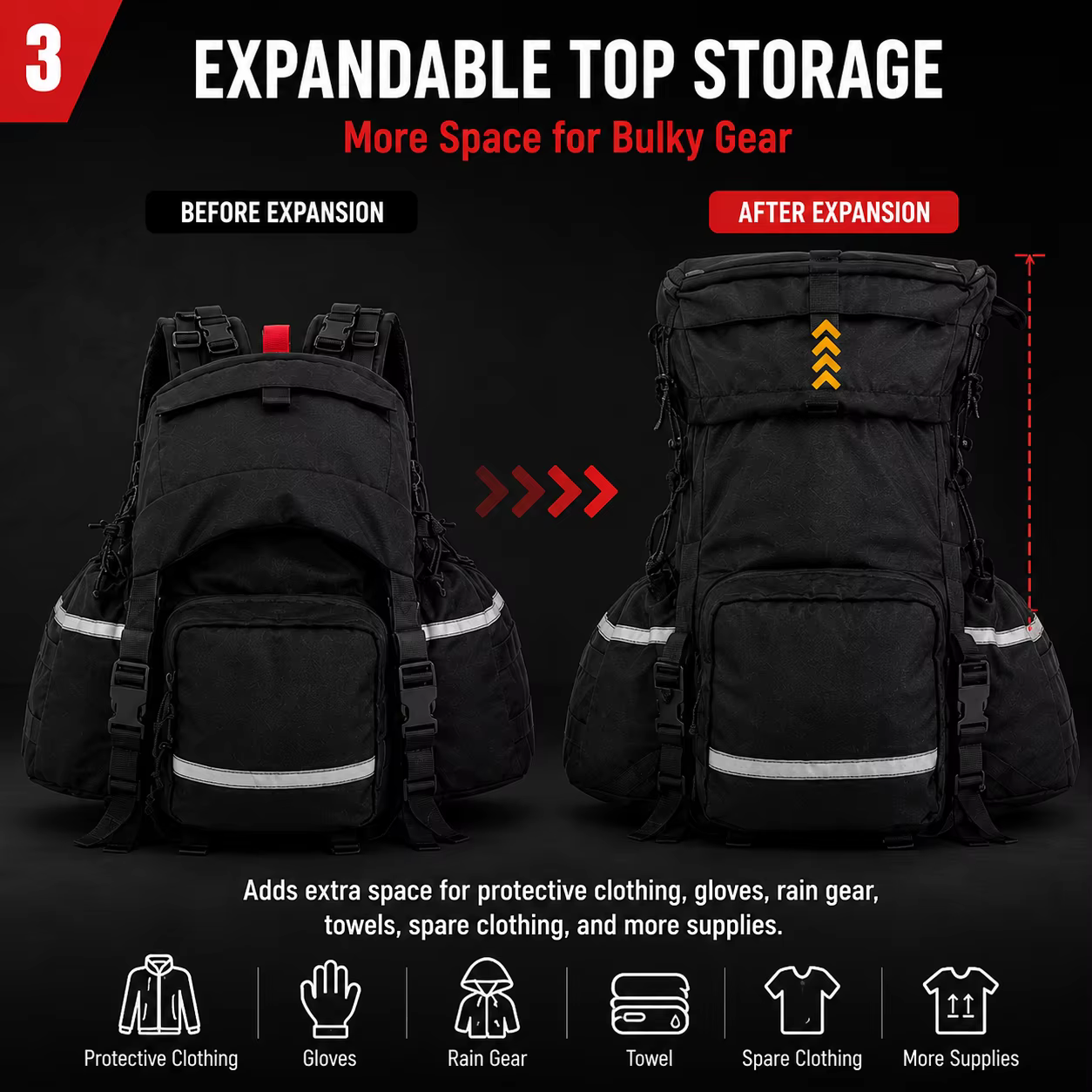Sac à dos de rangement pour équipement de lutte contre les incendies, noir, extensible, sac de secours d'urgence avec bandes réfléchissantes, organisateur multi-poches pour la lutte contre les incendi
