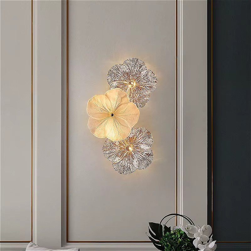 Appliques murales en verre français, lampes murales en forme de fleur, lampe de chevet romantique et créative pour chambre à coucher et salon