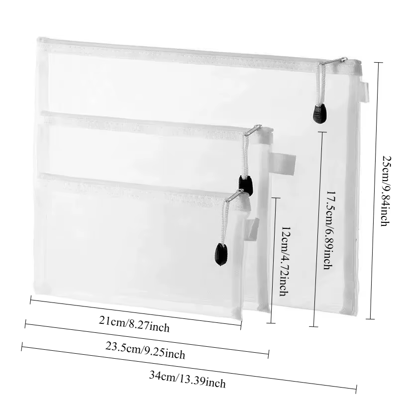 Sac à fermeture éclair en maille transparente, pochette de rangement polyvalente pour papeterie, jouets, documents, cosmétiques, organisateur de bureau scolaire et de bureau