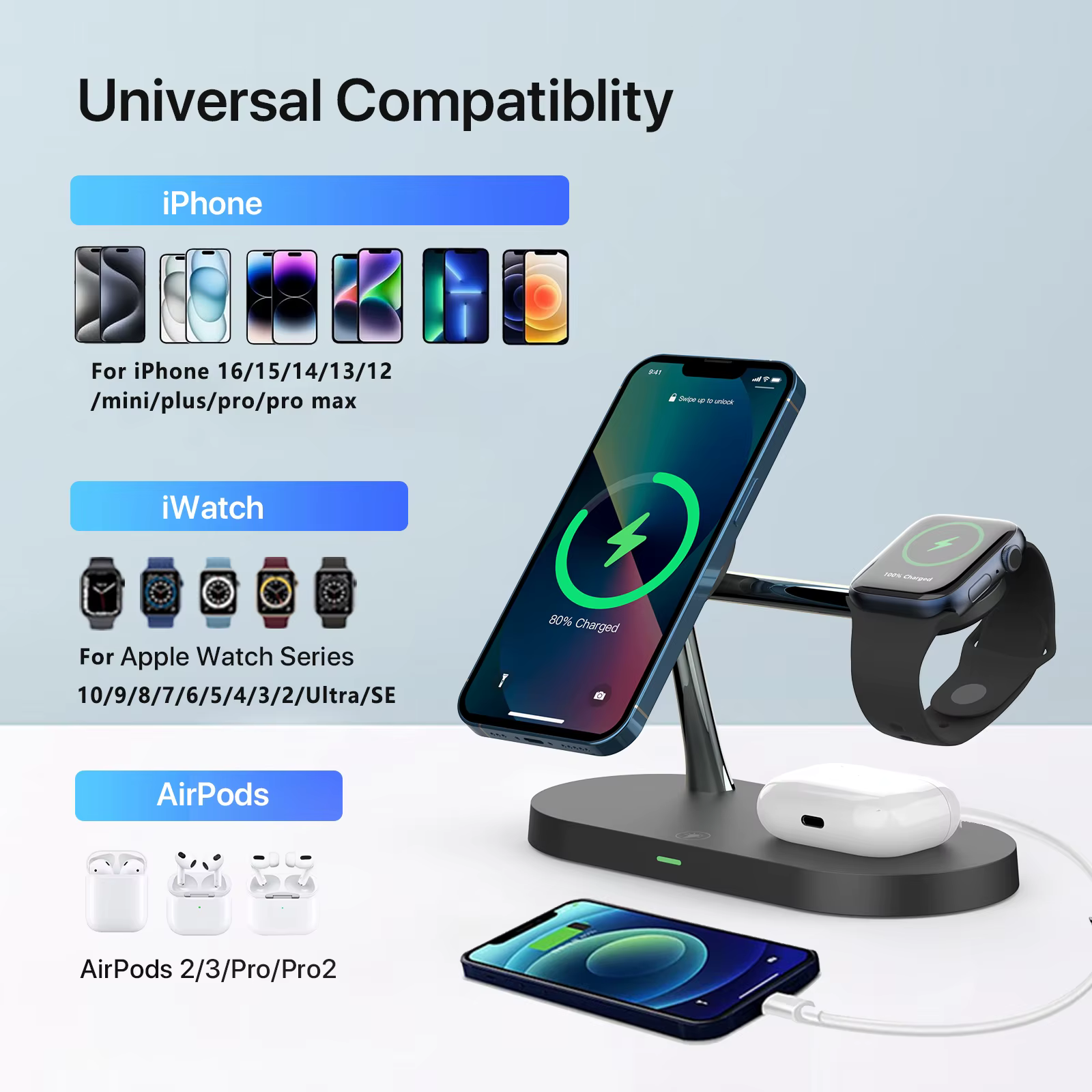 Support de chargeur sans fil 3 en 1 pour iPhone 12/13/14/15/16/17, Station de charge rapide pour Apple Watch 10 9 8 7 6 5 4 Airpods 2 3 Pro