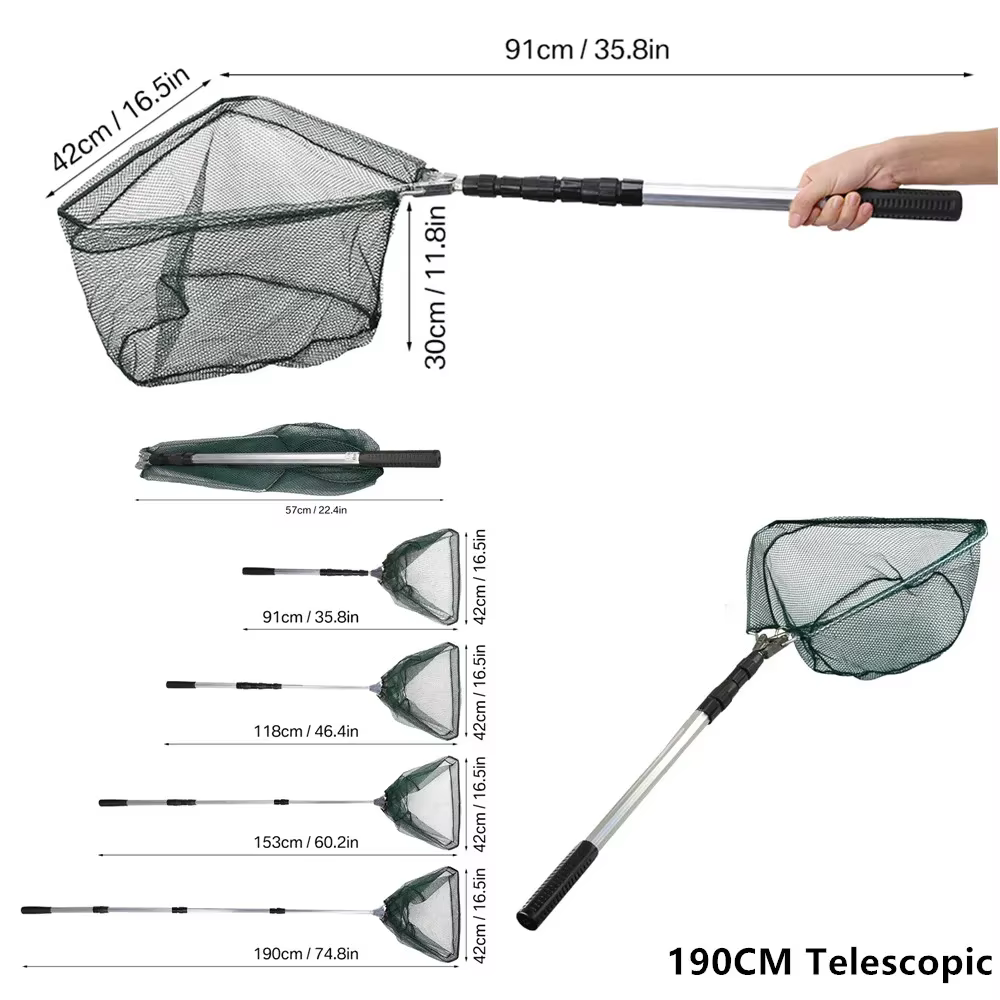 Filet de pêche pliant avec filet d'atterrissage en alliage d'aluminium, sac de rangement pour gants antidérapants, pince à poisson, pince à lèvres pour une capture et une libération faciles