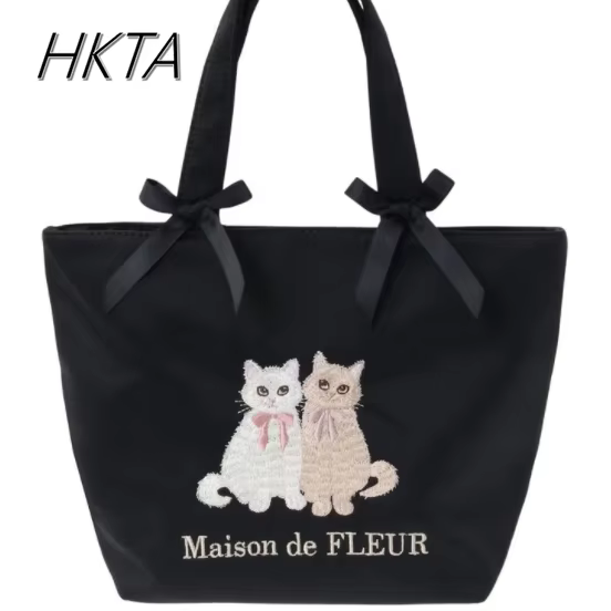 Sac à main double chat brodé pour femme, sac fourre-tout rose doux, satin, double nœud, initié, mignon, japonais, printemps, nouveau, 2025