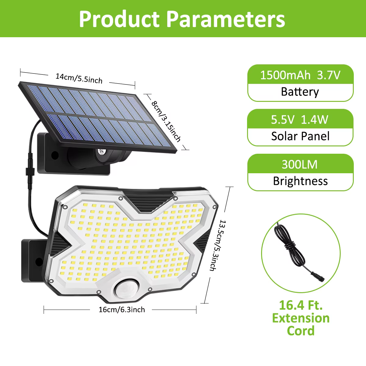 Lampe murale solaire avec 180 LED, allumage et extinction automatiques, étanche IP65, panneau solaire séparé, trois modes d'éclairage pour l'extérieur