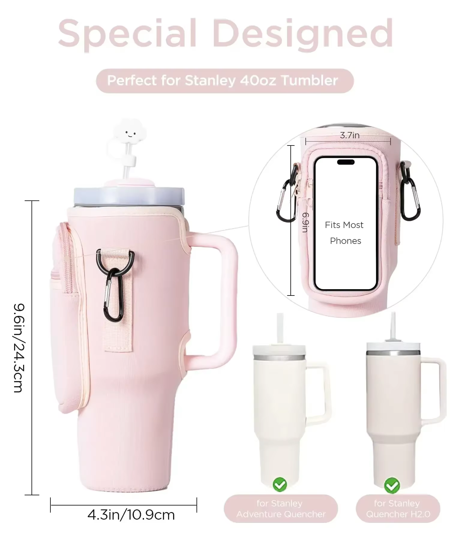 Sac de transport de bouteille d'eau pour gobelet Stanley 40oz avec poignée, porte-bouteille d'eau avec bandoulière réglable avec poche