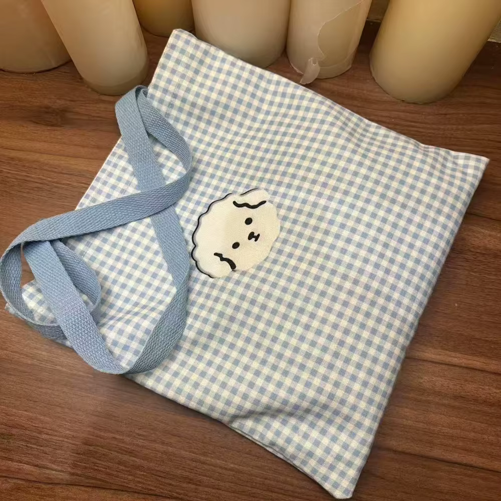 Sac fourre-tout en toile à carreaux bleus avec un motif de chiot mignon, sac d'étudiant adorable et charmant, sac à bandoulière léger et au style frais pour les sorties