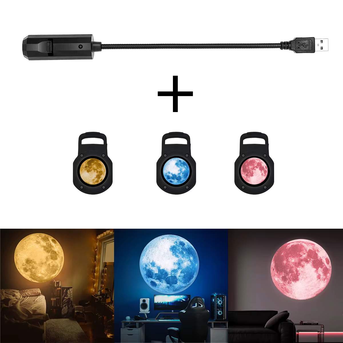 1 pièce + 3 pièces de lampe de projection de lune, lampe d'ambiance romantique pour la maison, lampe USB, veilleuse d'éclairage de chevet