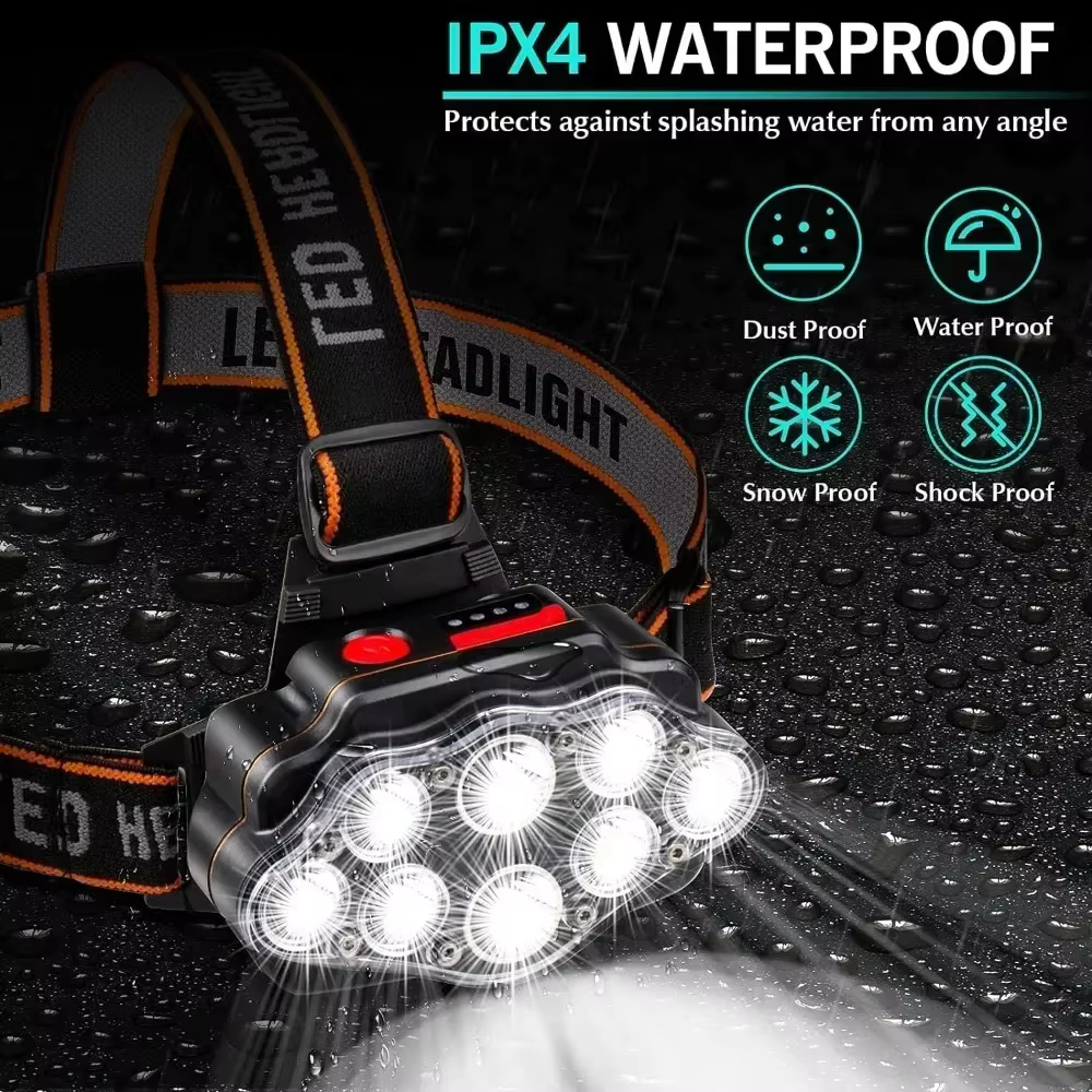 8LED puissante lampe de poche Rechargeable pour la pêche phare LED Camping phares chasse torche randonnée lanternes avant