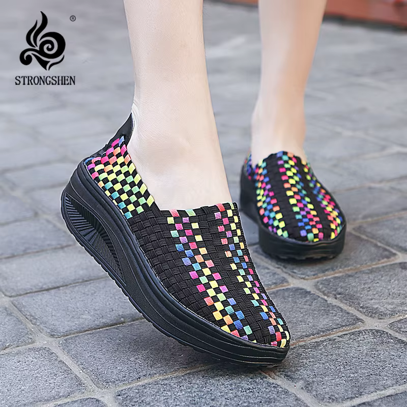 STleargSHEN-Baskets tissées à talons de 5cm pour femmes, chaussures de marche respirantes, faites à la main, été