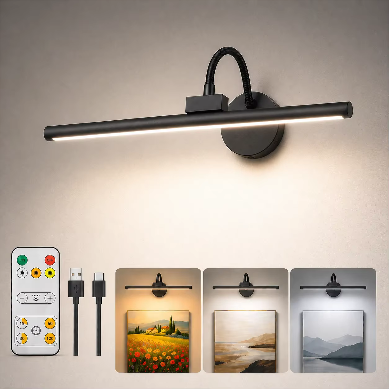Lampe à LED sans fil pour tableau avec télécommande, 360° °   Lampe murale magnétique réglable, rechargeable par USB, éclairage à 3 couleurs réglables