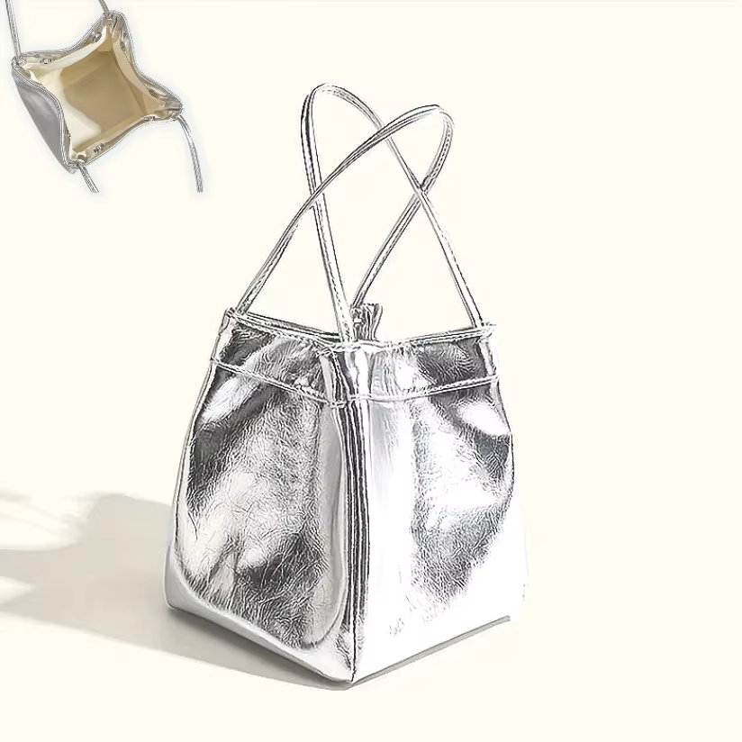 Mini sac seau argenté scintillant à cordon, sac à main à bandoulière scintillant en PU avec portefeuille pour femme