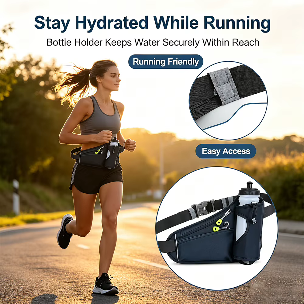 Sac banane de sport unisexe multicolore avec poche pour bouteille d'eau, ceinture de course ajustable et étanche, rangement pour téléphone portable