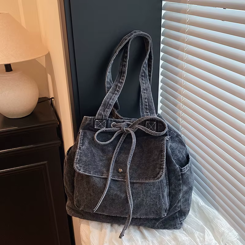 Denim couleur unie fermeture éclair nœud fourre-tout décontracté 2025 haute qualité nouveaux sacs simples grande