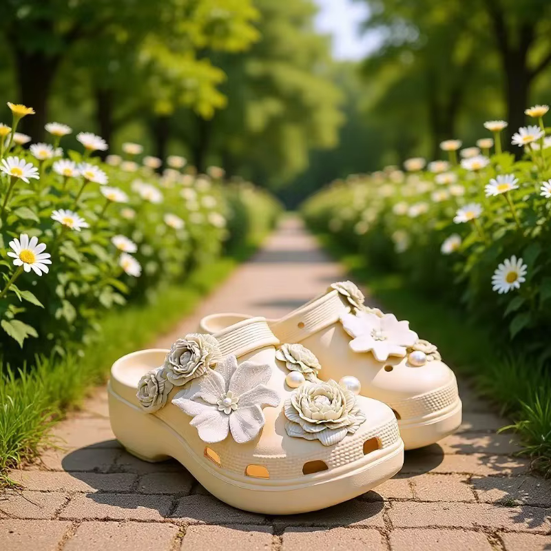 Nouvelles sandales d'été 2026 en EVA à semelle épaisse de 5-6 cm avec motif camélia et perforations