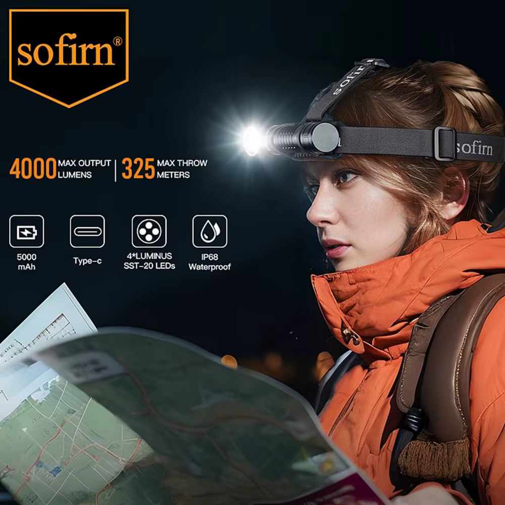 SOFIRN HS41 lampe frontale 4000lm 21700 USB C Rechargeable avec indicateur de torche LED SST20