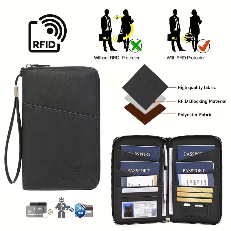 Porte-documents de voyage noir avec fermeture éclair longue, portefeuille de rangement pour billets, sac de rangement pour plusieurs passeports avec sangle de poignet TMZ, 1 pièce