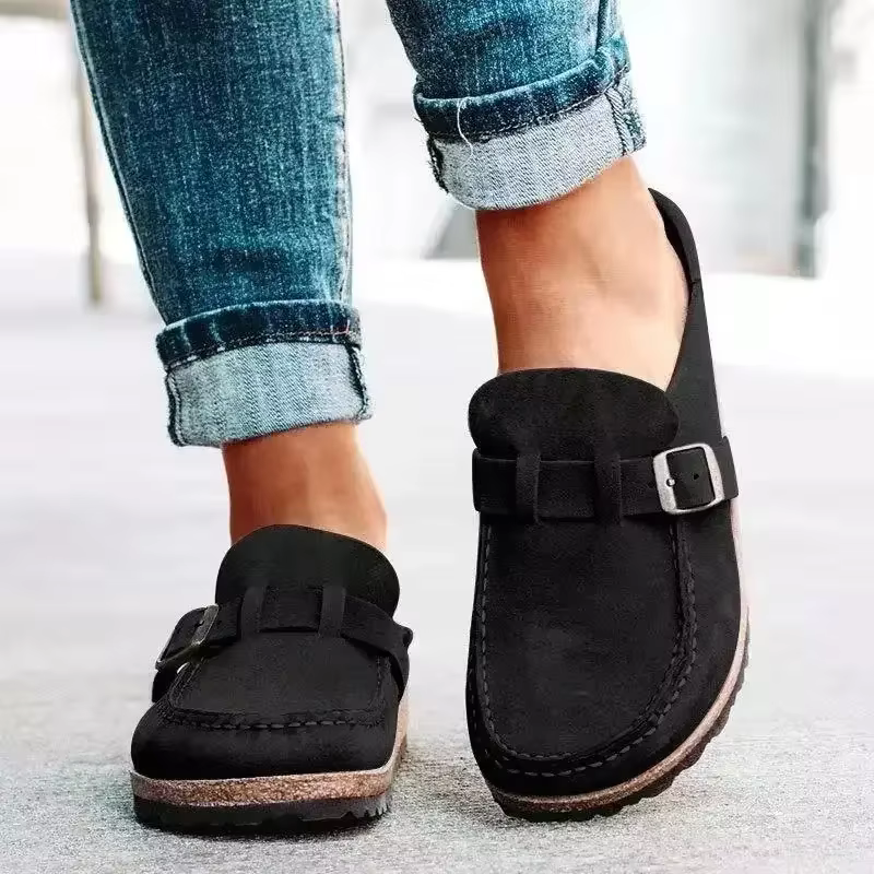 Mules à Boucles de Ceinture Durables pour Femme, Chaussures Plates à Enfiler, Demi-Pantoufles Rétro à la Mode, Nouvelle Collection 2025