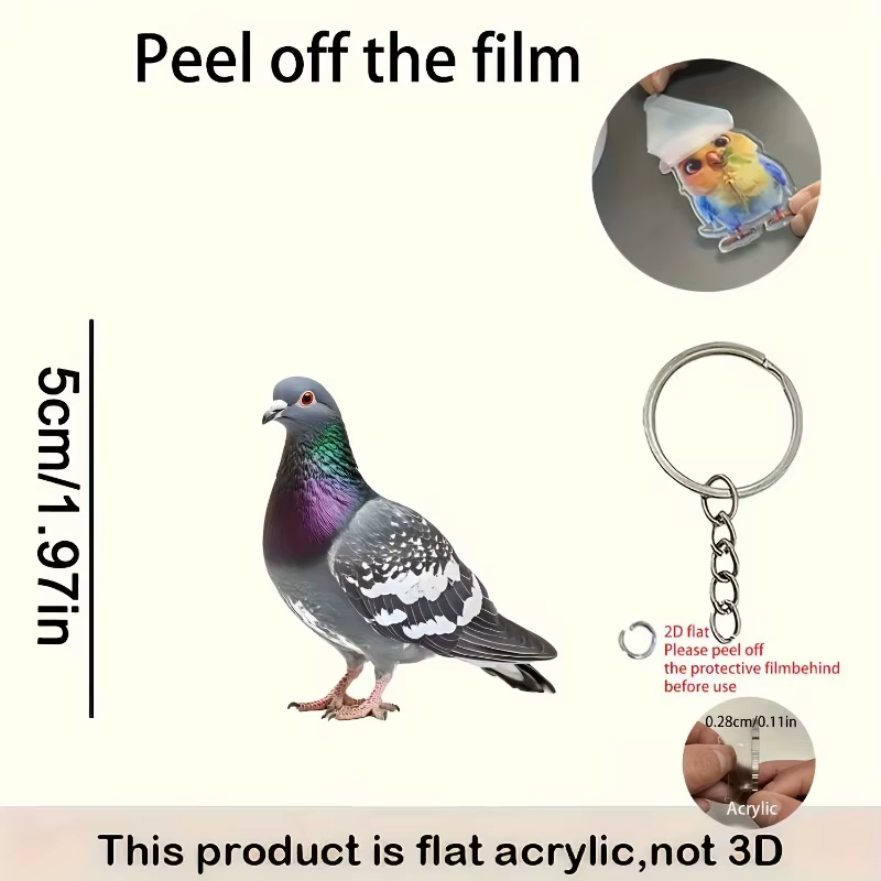 Nouveau charmant acrylique 2D plat Pigeon perroquet oiseau voiture rétroviseur sac à dos porte-clés pendentif drôle Animal bijoux accessoire