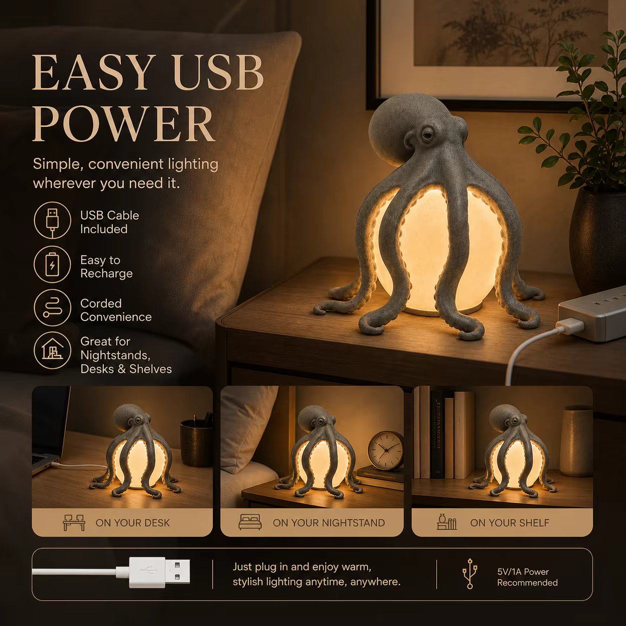 Lampe de table en résine en forme de pieuvre, sculpture décorative océanique, alimentée par USB, lampe d'ambiance chaude pour fête d'Halloween, bureau, décoration de la maison, cadeau