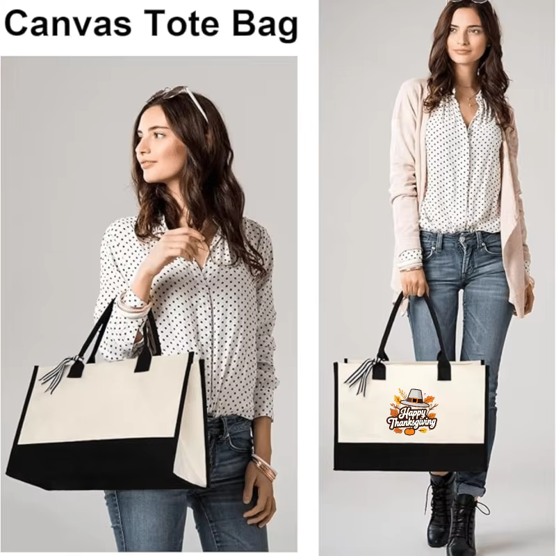Sac fourre-tout de Thanksgiving, crème et noir, avec chapeau de pèlerin et design feuille d'automne, adapté au transport de cadeaux de vacances et aux fêtes