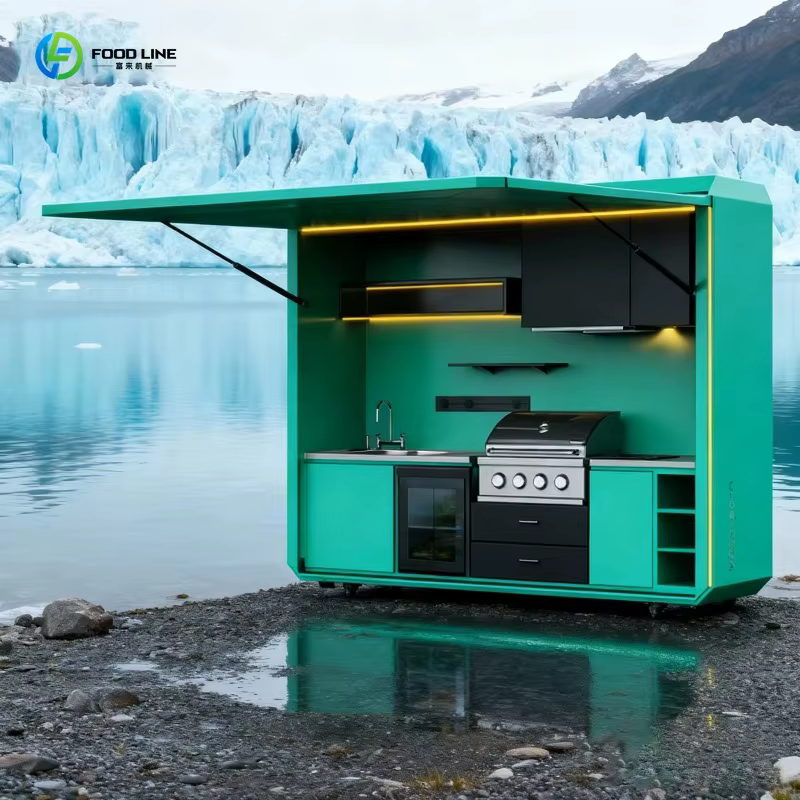 Cuisine de camping extérieure modulaire moderne personnalisée de qualité supérieure, installation facile avec évier et réfrigérateur pour le jardin