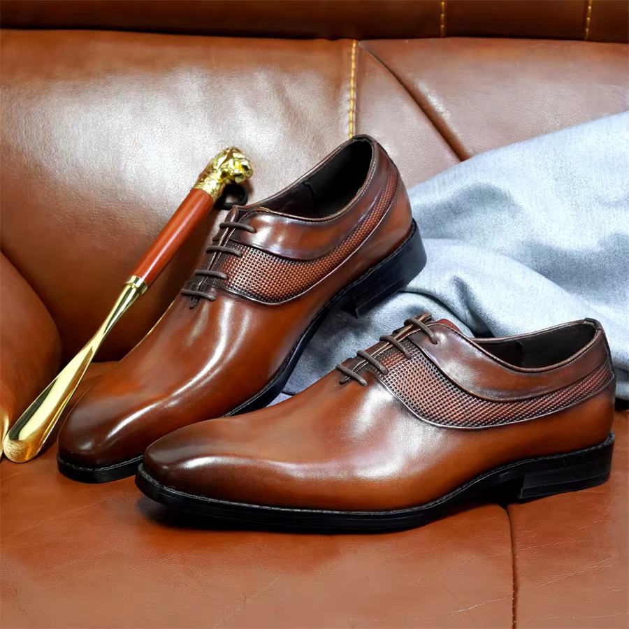 Chaussures Oxford haut de gamme pour hommes, en cuir véritable, faites à la main, à lacets, à bout pointu, chaussures d'affaires pour fête de mariage