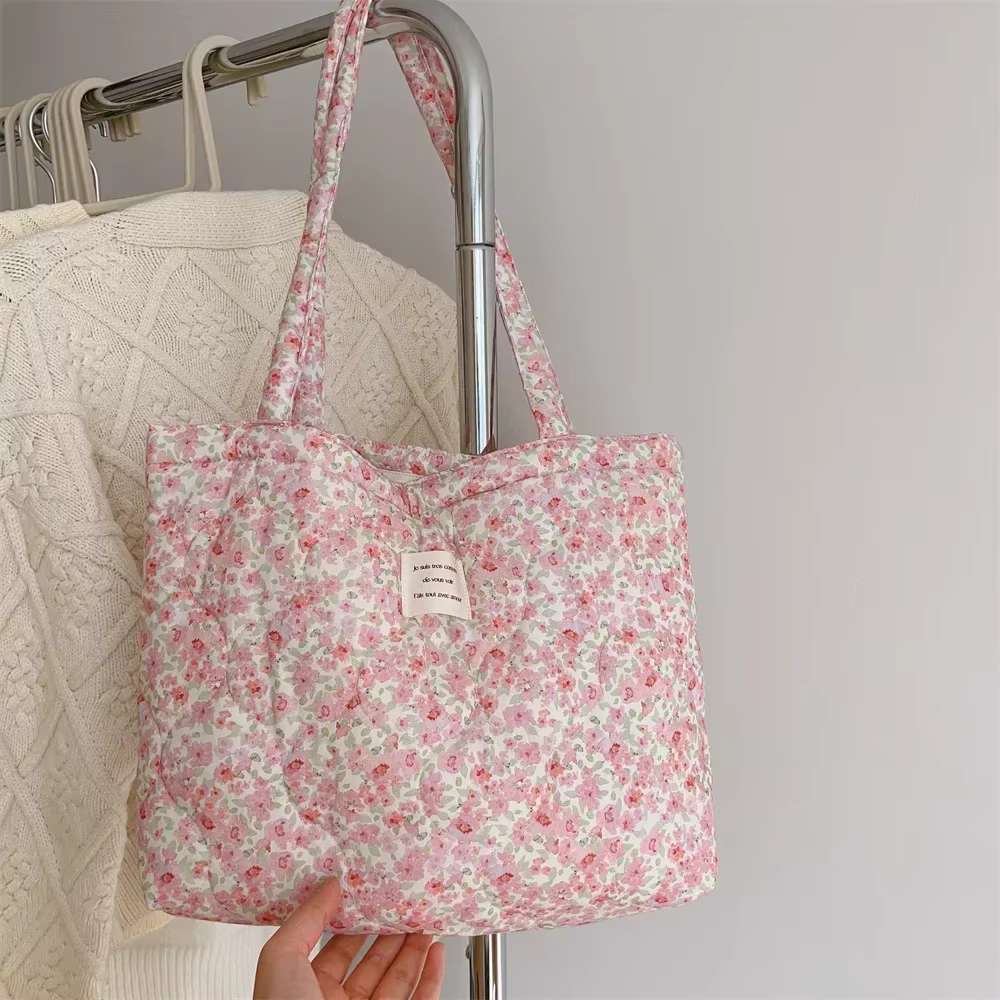 Sac à Main en Coton à Motif Floral pour Femme, Fourre-Tout Chic, Bouffant, à Poignée Supérieure, Matelassé, Rembourré, de Styliste, 2025
