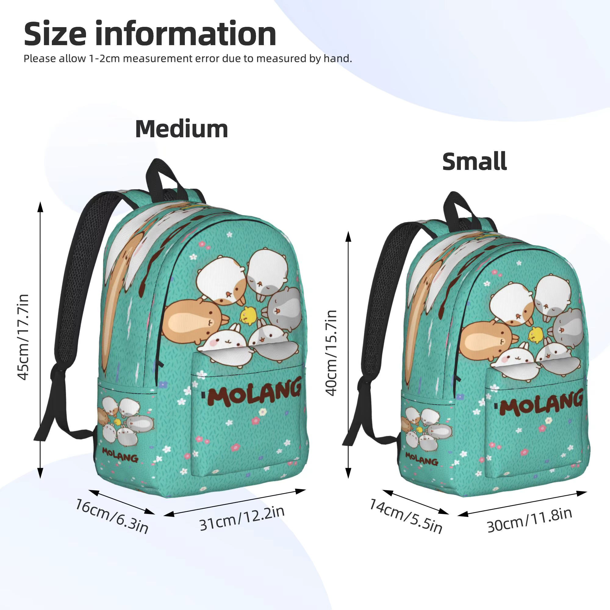 Sac à dos de dessin animé amusant Molang pour adolescents, sacs à dos durables en polyester, sacs d'école Kawaii, sac à dos coloré pour l'entraînement