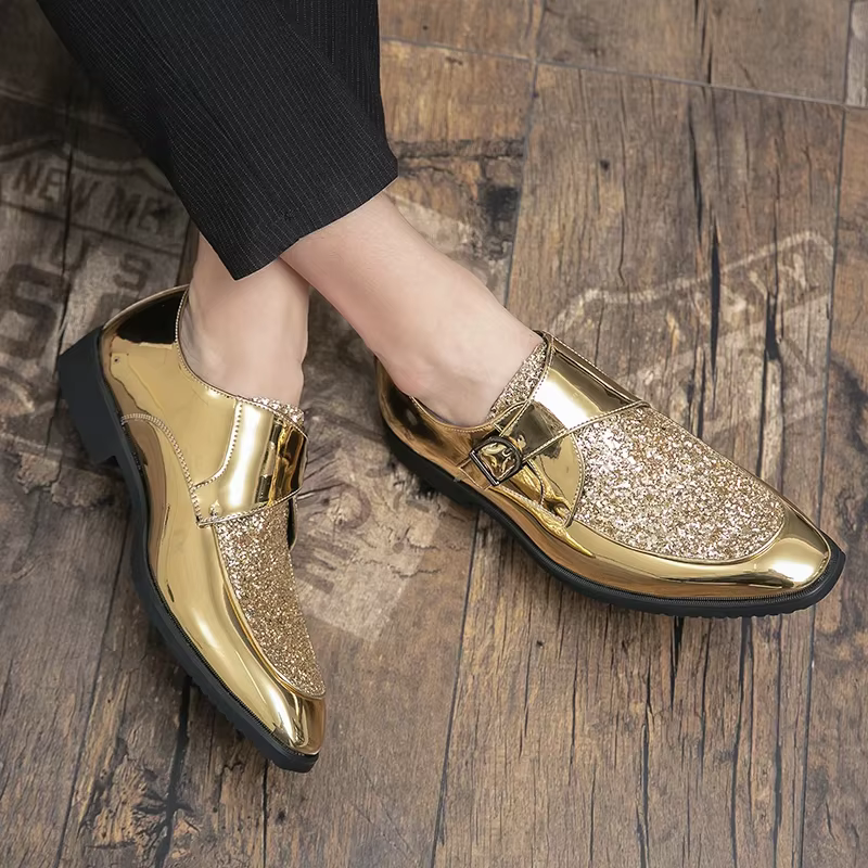 YEHENG Chaussures habillées à boucle dorée scintillante pour hommes