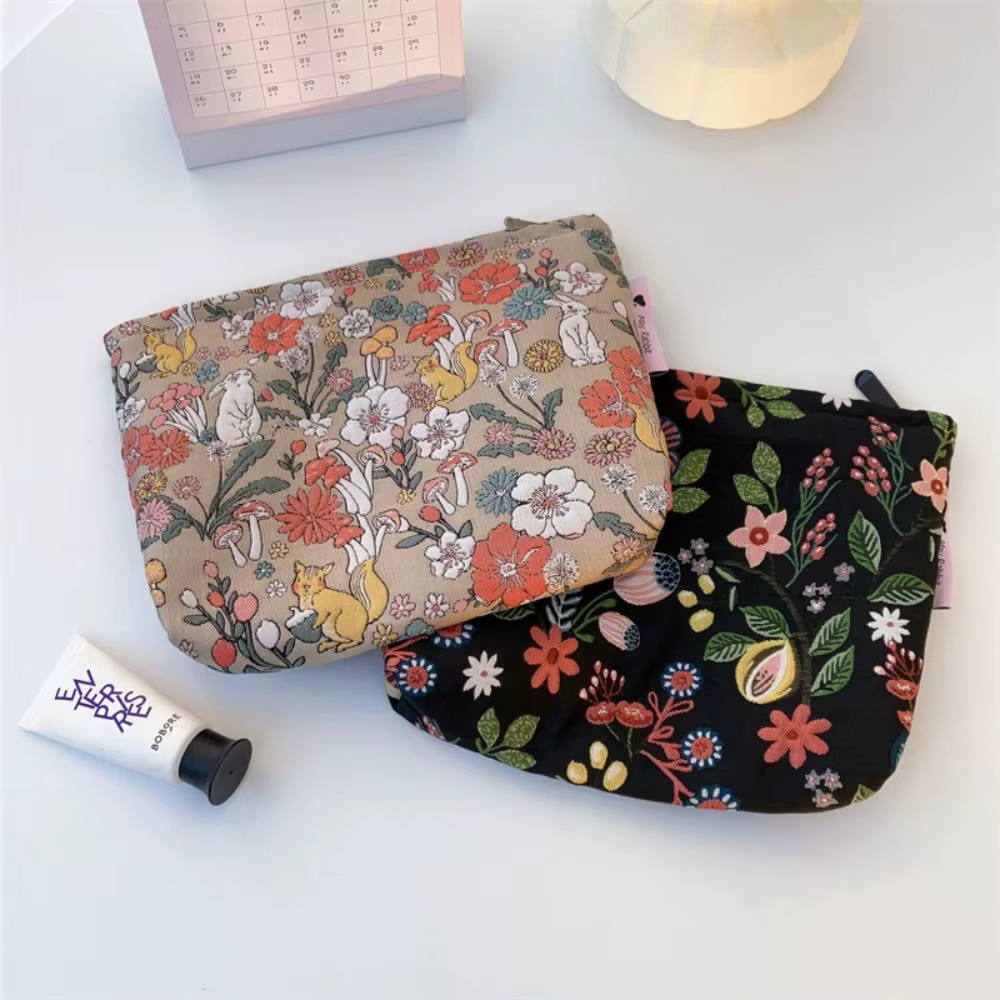 Pochette cosmétique brodée en toile, style coréen, grande capacité, sac de rangement jacquard, trousse de maquillage portable à fermeture éclair, pour l'extérieur