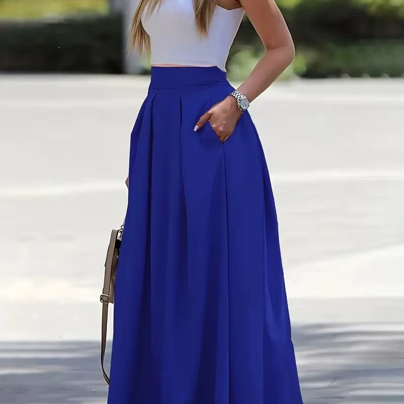 Jupes longues pour femmes printemps été taille haute couleur unie jupe longue femmes poche trajet a-ligne plissée mode jupe longue