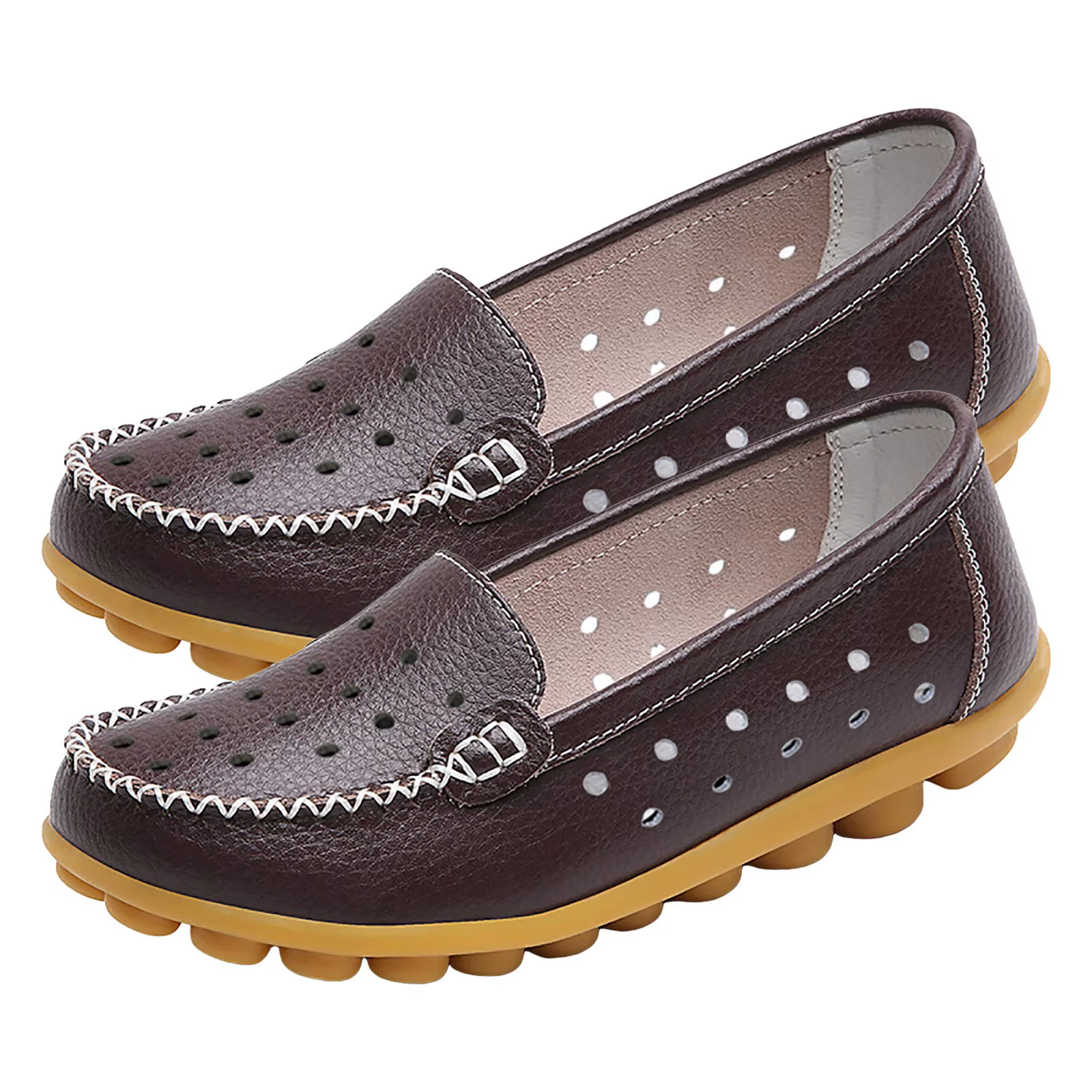Mocassins Confortables Respirants en Cuir Ajourés, Chaussures Légères à Enfiler, Basses, Grande Taille 46, pour Femme