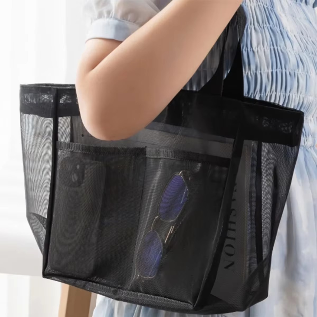 Sac à main en gaze de couleur unie, sac de rangement transparent, sac à bandoulière, sac de plage, sac de shopping en filet transparent de grande capacité, 1 pièce