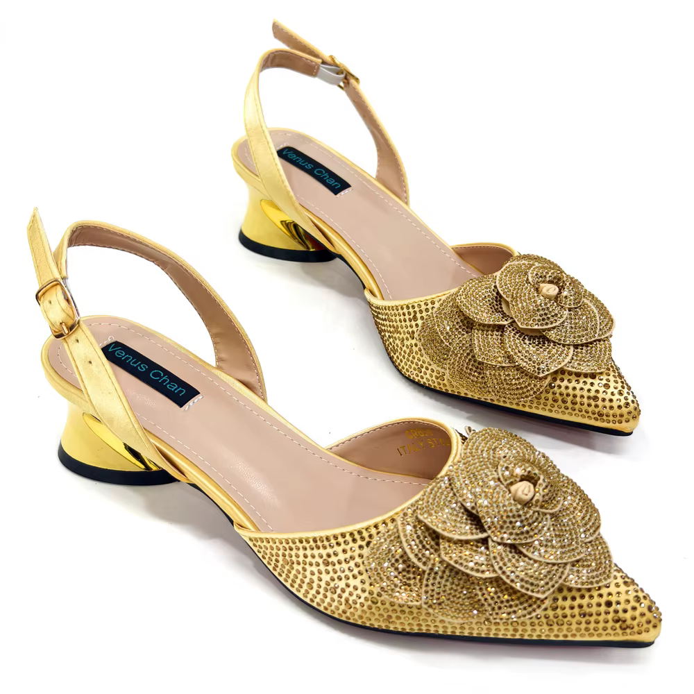 Chaussures et sacs de soirée de conception italienne pour femmes, jumelés à pétales faits à la main, couleur or, chaussures pointues Parker, chaussures à talon moyen, chaussures de fête