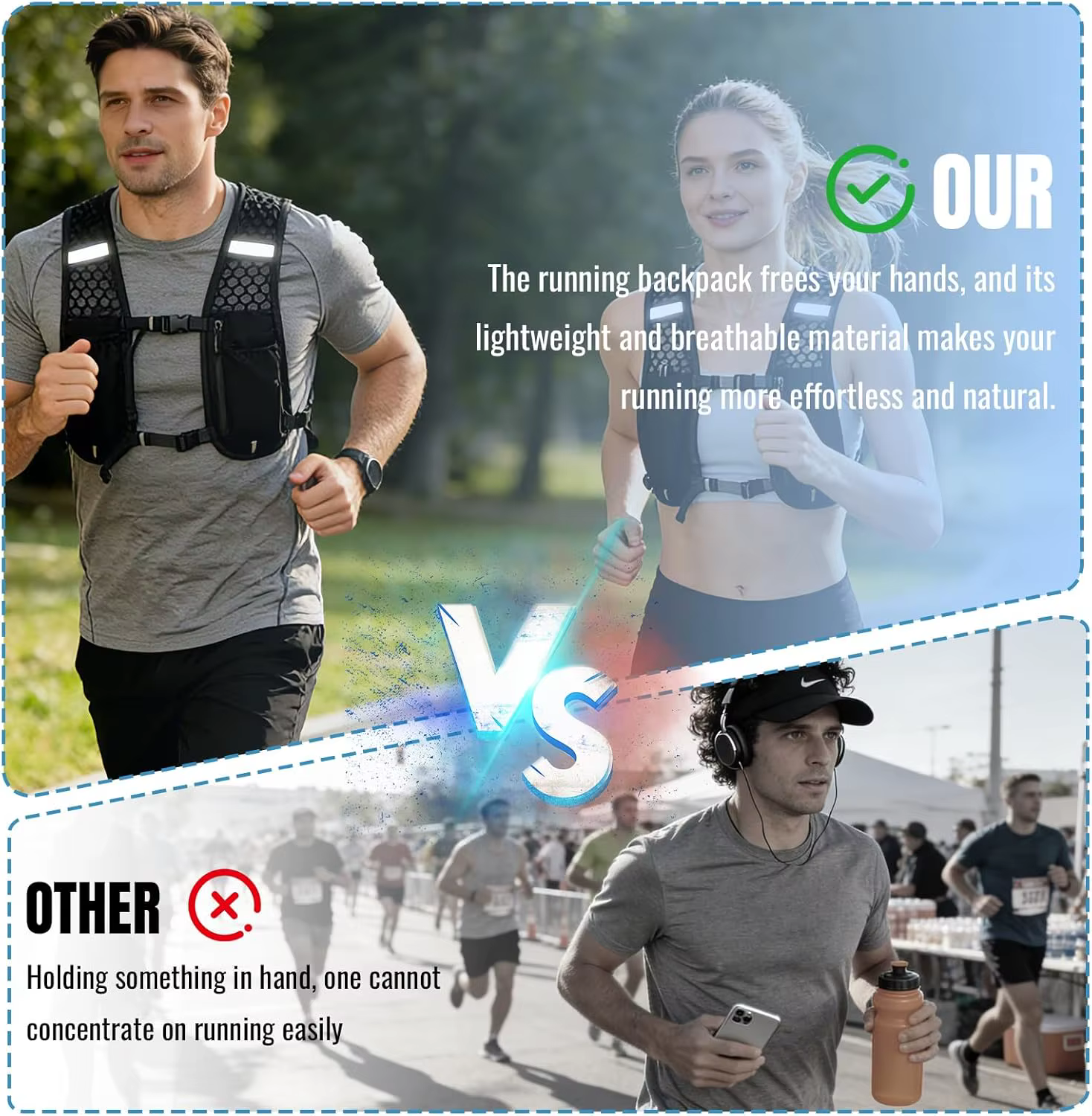 Gilet de course à pied avec bouteille d'eau, léger, respirant, poches de rangement extra-larges, sacs d'hydratation pour femmes et hommes