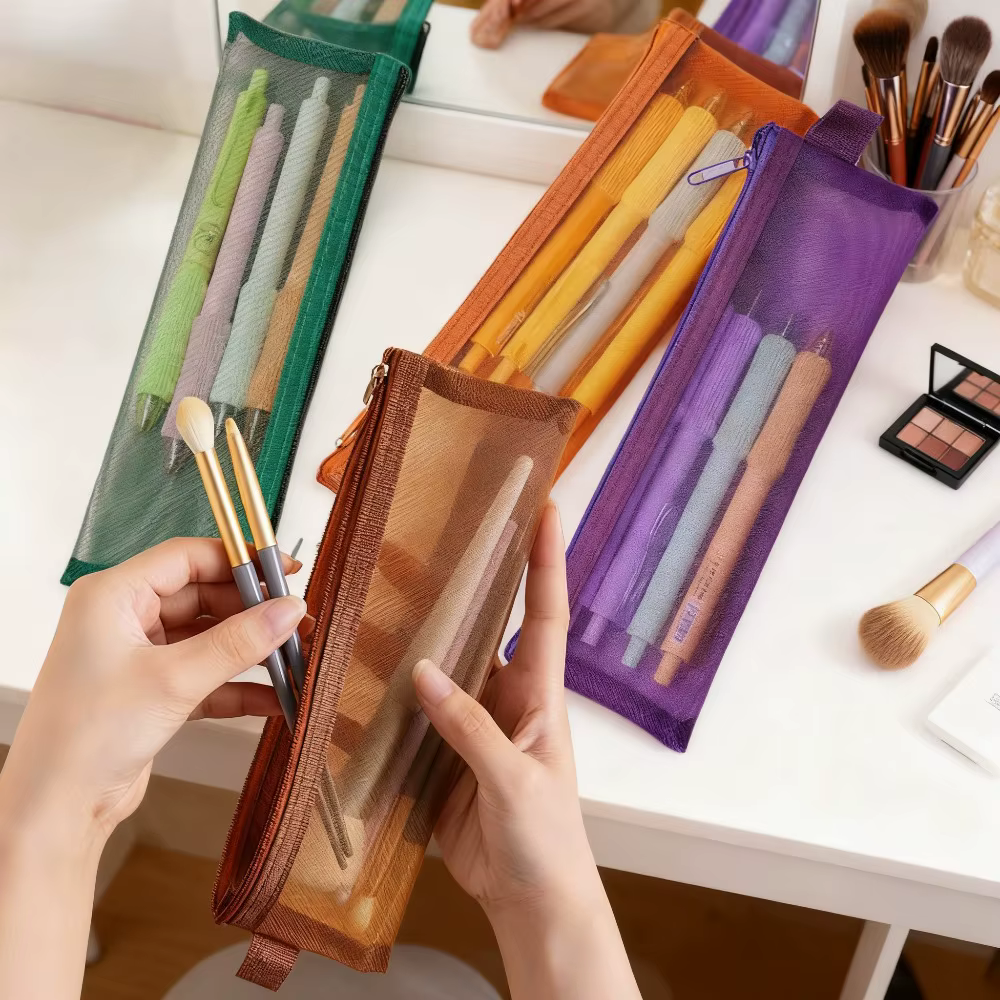 Sacs transparents à fermeture éclair en maille, sacs à cosmétiques portables pour papeterie, clés de cosmétiques, fournitures de bureau, accessoires de voyage