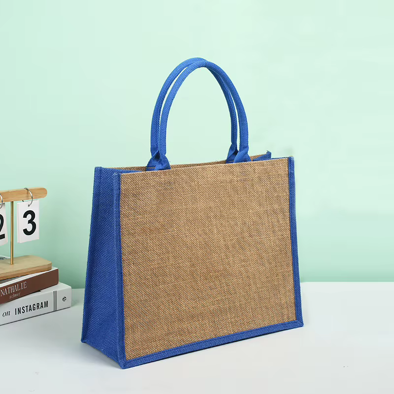 Sac en chanvre personnalisé avec logo imprimé, sac en coton et jute peint à la main avec blocs de couleur, sac à main imitation lin, sacs de courses
