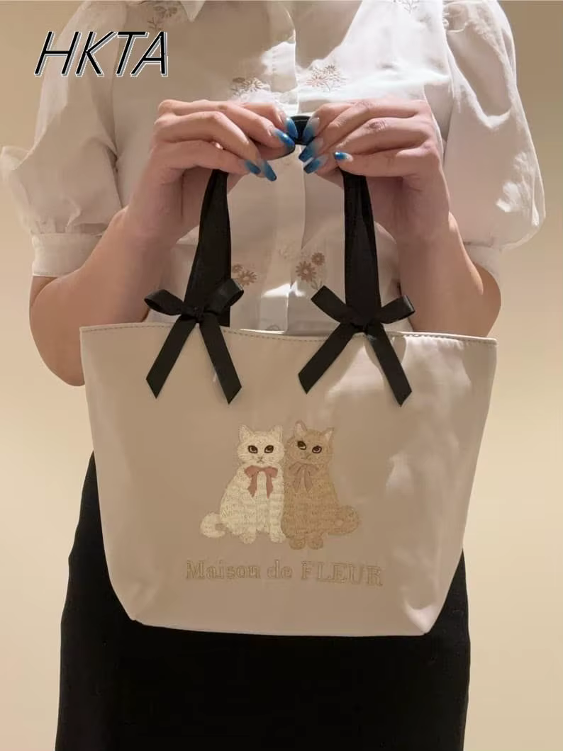 Sac à main double chat brodé pour femme, sac fourre-tout rose doux, satin, double nœud, initié, mignon, japonais, printemps, nouveau, 2025